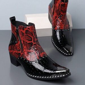 Men's Exotic Red and Black Leather Boots